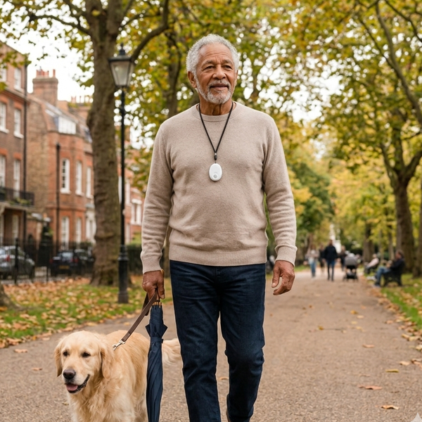 Man walking a dog in a park with trees and buildings in the background